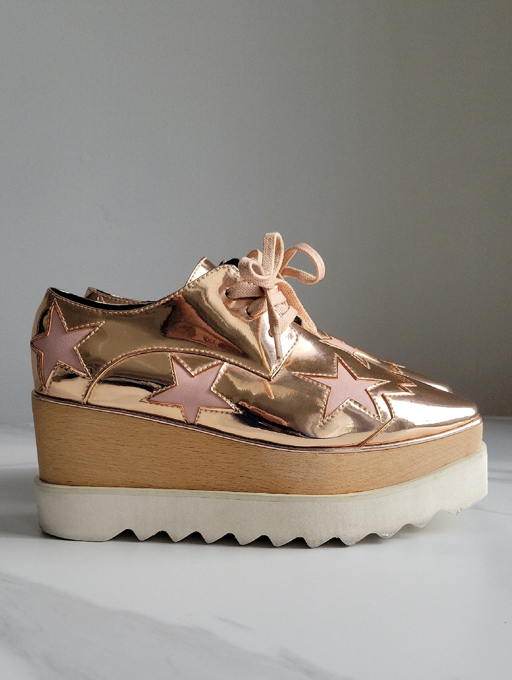 Stella McCartney Metallic Rose Gold Platform Lace-Ups with Pink Stars